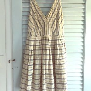 J Crew Cream and Blue Linen Dress With Pockets